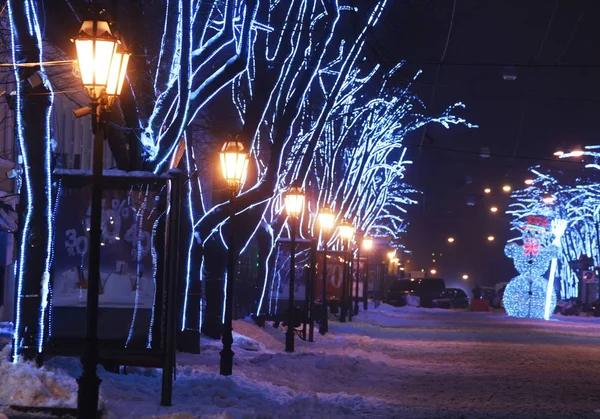 Night Photo Central City Street Snow Old Lanterns Decorated Christmas — Stock Photo, Image