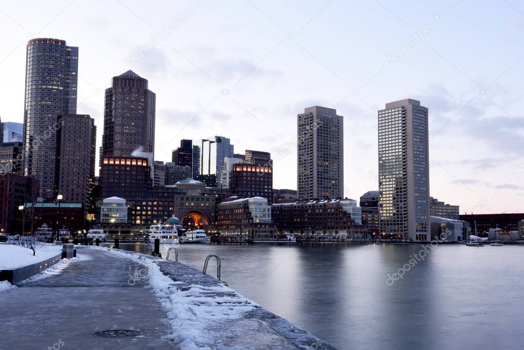 Winter view of Boston from the bay and promenade. USA. Massachusetts.