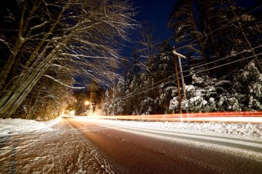 Kardaki ağaçların arasında bir kış yolunun gece fotoğrafı. Usa. Maine Portland