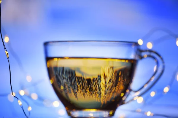 Filiżanka Herbata Abstrakcyjny Obraz Bez Koncentracja Błękitny Zimowy Tło Odbicie — Zdjęcie stockowe