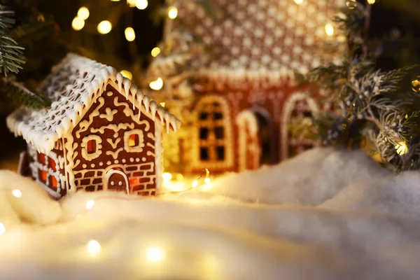 Gingerbread Houses Winter Magical Scenery Sparkling Lights Background Magical Festive — Stock Photo, Image