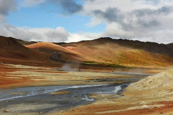 Valley with geothermal springs and geysers. A fanatical view of the hills and the current hot springs. Geothermal zones a Naumafjal Hverir in the north-eastern part of Iceland.
