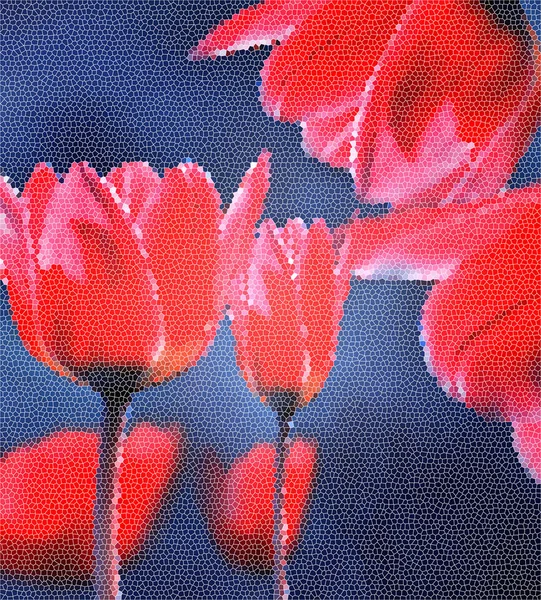 Flowers Red Tulips Dark Blue Background Artistic Effect Cracked Mosaic — 스톡 사진