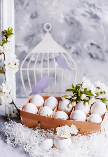Wielkanoc Martwa Natura Delikatne Zdjęcie Białe Jaja Delikatne Wiosenne Kwiaty — Zdjęcie stockowe