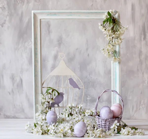 Tender Easter Photo Branches Blooming Cherry Wooden Frame Decorated White — Stock Photo, Image