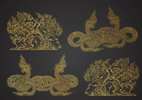 Naga und Insel skizzieren thailändischen Traditionsvektor — Stockvektor