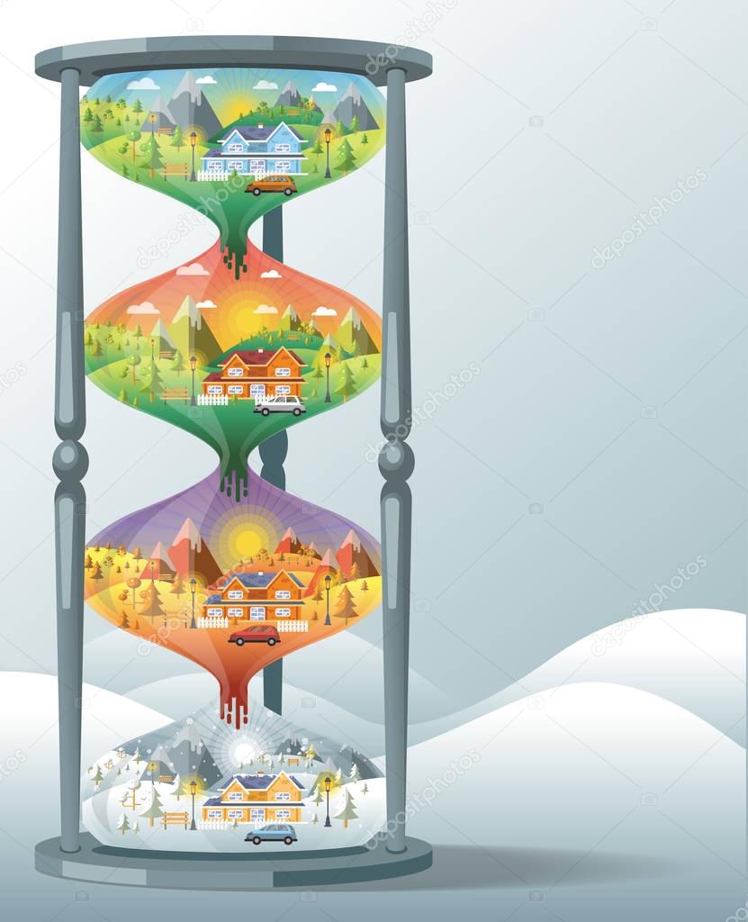 Hourglass shapes  landscape design set with Winter, Spring, Summer, Autumn. houses, 4 seasons set.