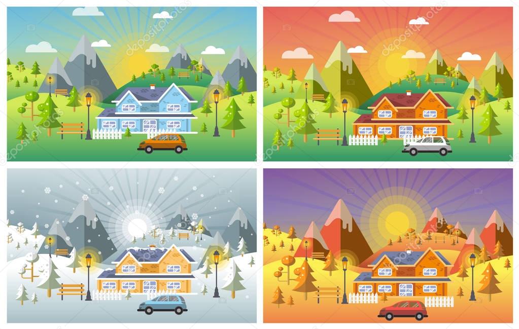 Landscape design set with Winter, Spring, Summer, Autumn. houses, 4 seasons set.