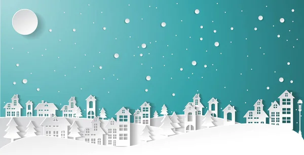 Τέχνη χαρτί χειμώνα χιόνι Urban υπαίθρου τοπίο πόλη χωριό w — Διανυσματικό Αρχείο