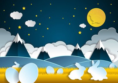 manzara Paskalya yumurta ve tavşan .paper sanat tarzı.