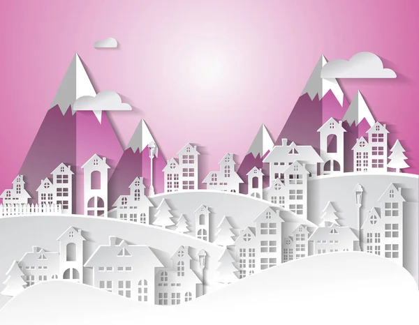 Χειμώνα υπαίθρου τοπίο πόλη χωριό με ροζ χρώμα έκφραση — Διανυσματικό Αρχείο