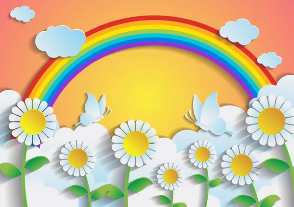 Slunečnicová pole s rainbow a sky.paper umělecký styl. — Stockový vektor