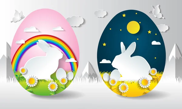 Tavşan Paskalya gece ve gündüz de yumurta şekli ile — Stok Vektör