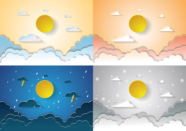 Четыре сезона концепция неба с солнцем и облаками, дизайн бумаги — стоковый вектор