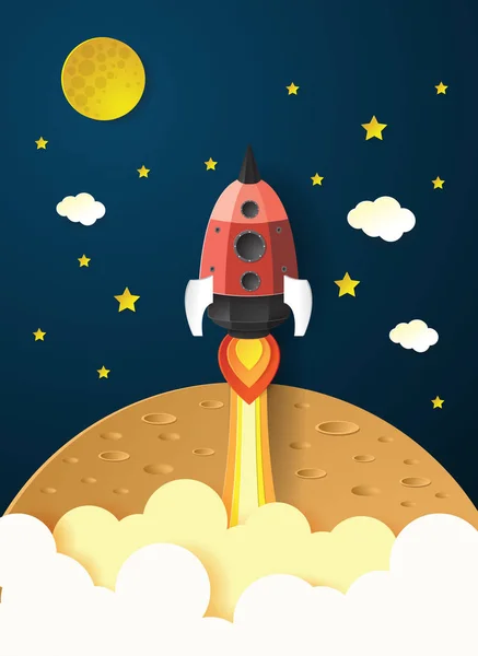 Concept de démarrage. fusée volant sur les mars, style art papier . — Image vectorielle