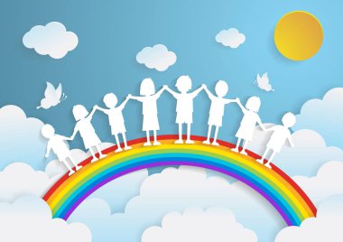 rainbow ile oynayan çocuklar kağıt sanat tarzı