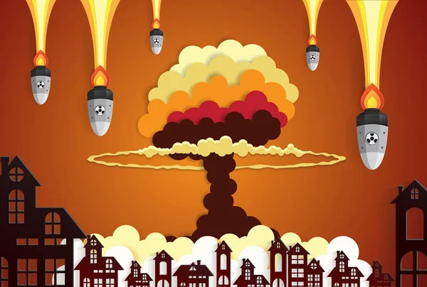 Esplosione nucleare luminoso arancio fungo ardente tappo nuvola in città — Vettoriale Stock