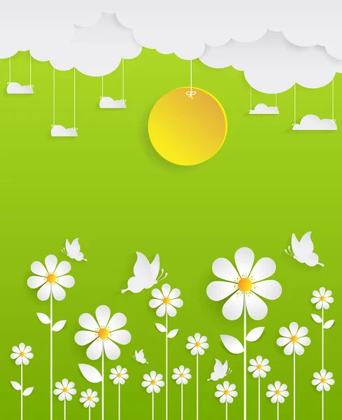 Květinové pole s letní sezóny a zelené background.paper umění s — Stockový vektor