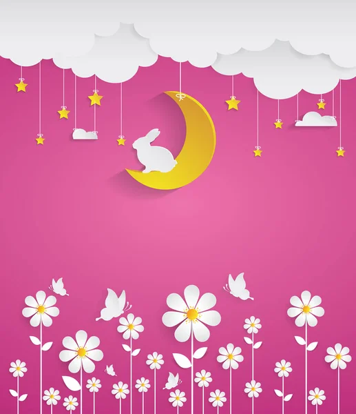 Noite com flores e estilo de arte rosa background.paper — Vetor de Stock