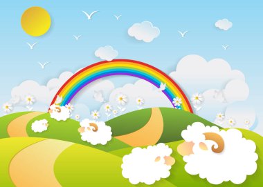 manzara koyun bir alanında, kağıt sanat tarzı