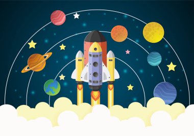 Konsepti başlat. Galakside uçan roket, kağıt kesiği