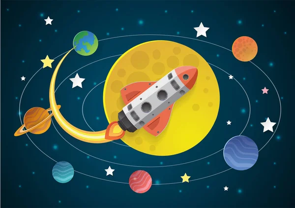 Indítsa el a koncepciót. rakéta repül a Holdon, papírvágás — Stock Vector