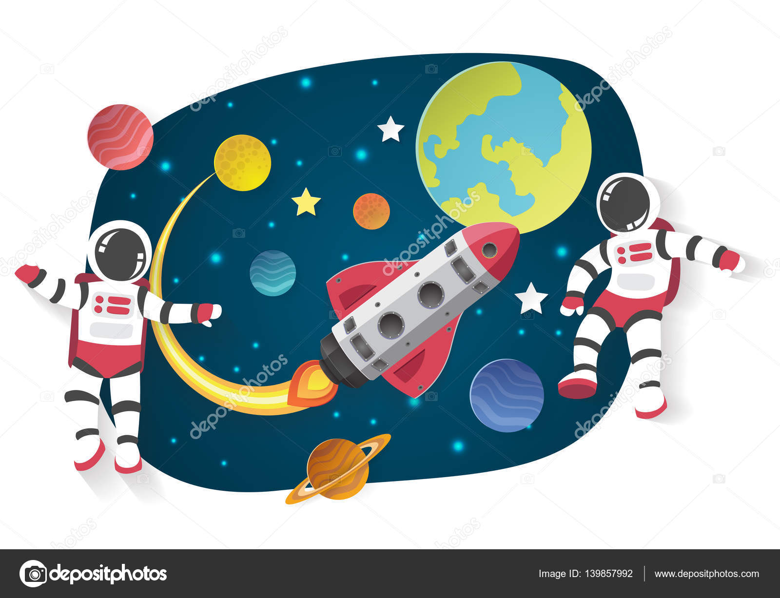 Astronot Kartun Di Bulan Dengan Pesawat Ruang Angkasa