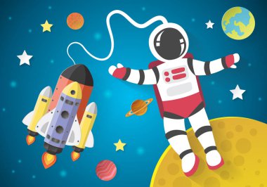 Astronot çizgi film uzayda, kağıt cu bir uzay gemisi ile aya