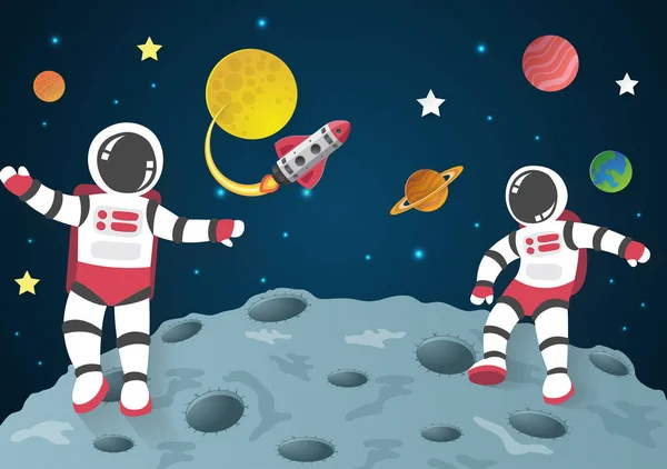 Astronot çizgi film uzayda, kağıt cu bir uzay gemisi ile aya