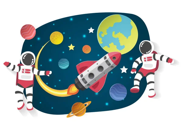 Astronaut cartoon on the moon with a spaceship in space,paper cu — Stock Vector