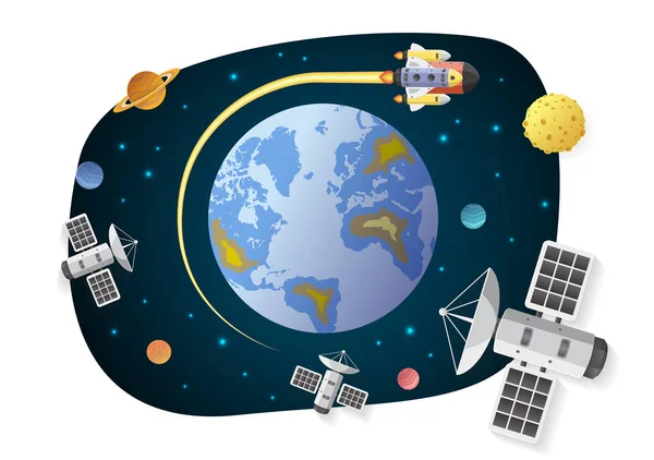 Műholdas és űrhajó rajzfilm, a föld, hely, paper art-nál — Stock Vector
