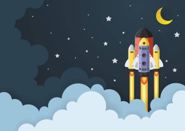 Kavram başlatın. gökyüzü, kağıt sanat uçan roket