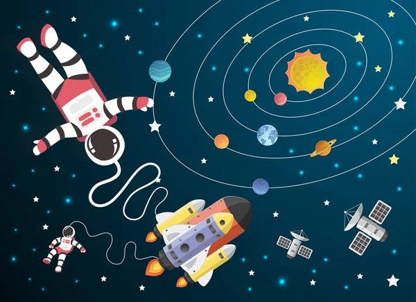 Мультфильм про космонавта с космическим кораблем в космосе, бумажное искусство — стоковый вектор