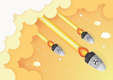 Nükleer savaş - atom bombası gökyüzü, kağıt sanat tarzı düşüyor