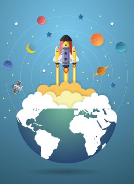 Kavram başlatın. yeryüzünde, kağıt kesiği uçan roket