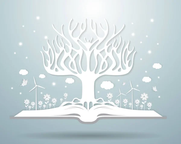 Ecología concepto de invierno, árbol de papel creciendo a partir de un libro abierto — Vector de stock