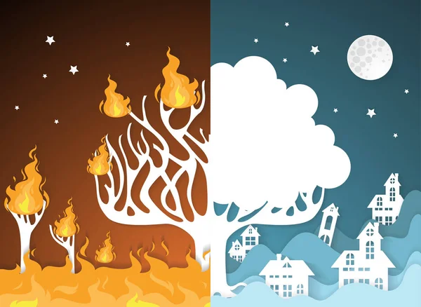 Scenes with forest fire and flood,paper art — Stock Vector