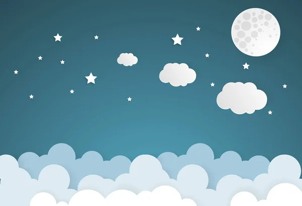 Luna y estrellas con nube en estilo de arte .paper nocturno — Archivo Imágenes Vectoriales