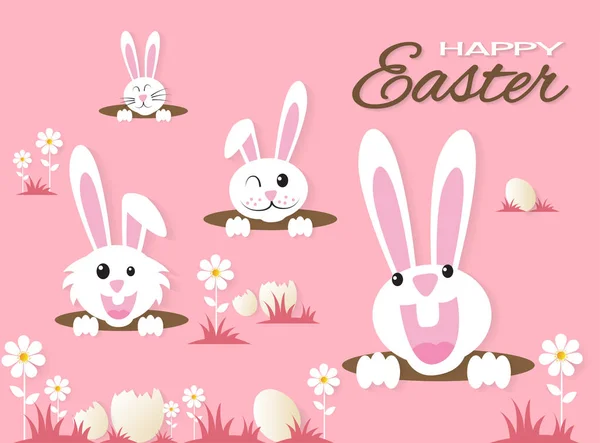 非常复活节快乐、 兔子和鲜花，剪纸艺术 — 图库矢量图片