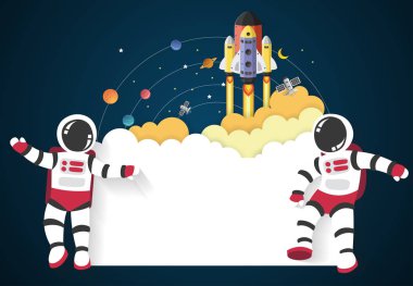 Bir uzay gemisi uzay ve işareti, vektör ile astronot karikatür