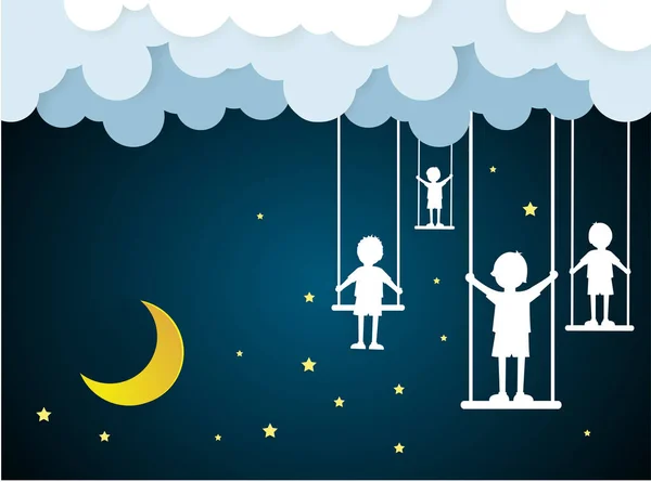Los niños juegan columpios en el cielo con la noche, el arte del papel — Archivo Imágenes Vectoriales