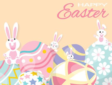 Tavşan, tavşan ve yumurta ile renkli mutlu Paskalya tebrik kartı