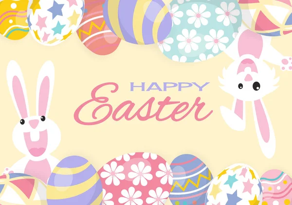 Tarjeta de felicitación feliz Pascua colorida con conejo, conejo y huevos — Vector de stock