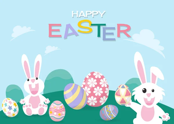五彩缤纷复活节快乐贺卡与兔，兔和鸡蛋 — 图库矢量图片