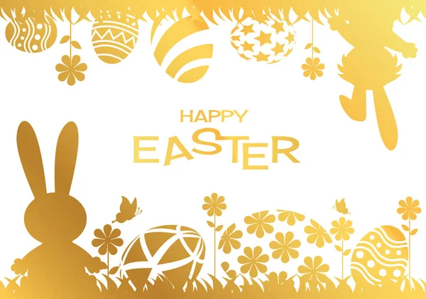 Tarjeta de felicitación Gold Happy Easter con conejo, conejo y huevos — Vector de stock