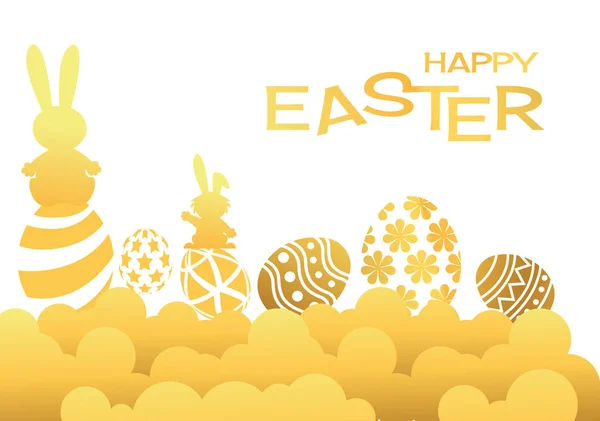 Tarjeta de felicitación Gold Happy Easter con conejo, conejo y huevos — Vector de stock
