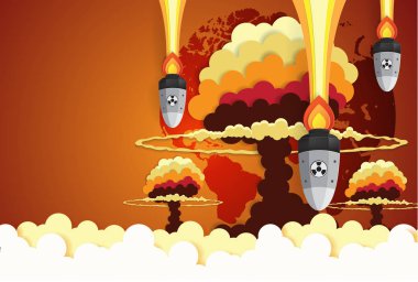 Nükleer savaş - atom şehir, kağıt sanat tarzı düşen bombalar