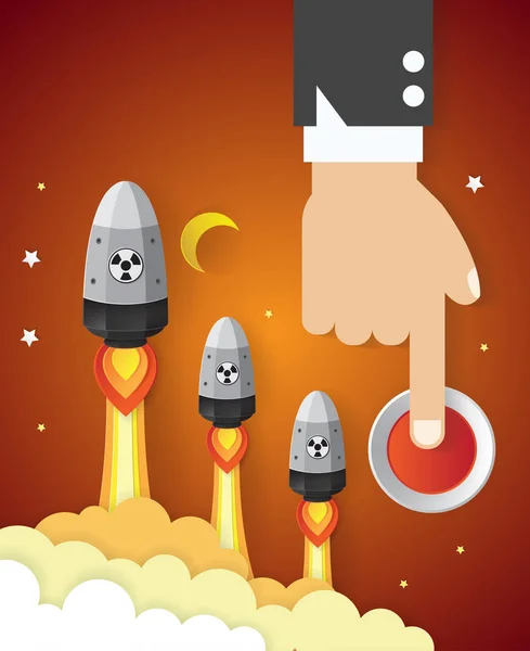 Affaires d'un homme d'affaires main appuyant sur le bouton de démarrage, guerre nucléaire — Image vectorielle