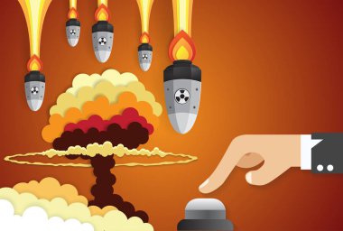 Başlat düğmesini, nükleer savaş iterek bir işadamı el iş