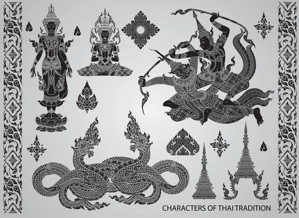 Set action characters, vettore stile tradizione thai — Vettoriale Stock